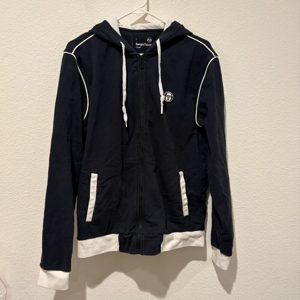 EUC Sergio Tacchini Men's Full-Zip  Hoodie Jacket Size Large Navy Y2K Sample